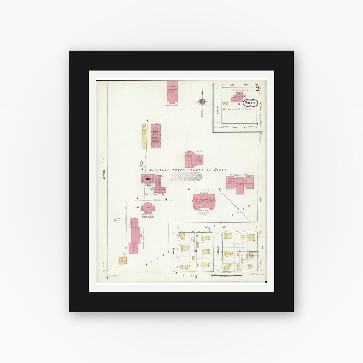 Old map wall art mockup — black gallery frame with white mat — Sanborn Fire Insurance Map from Rolla, Phelps County, Missouri (1917), Sheet #0002