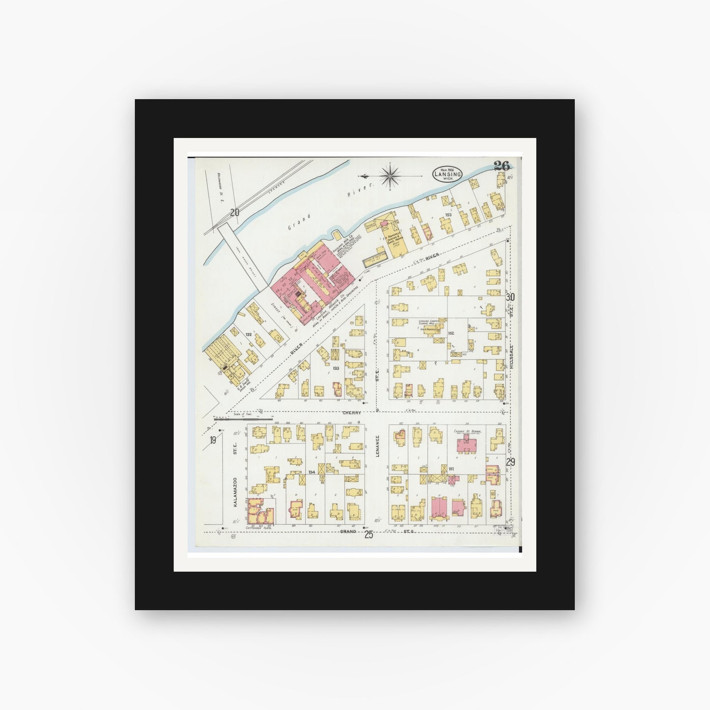 Old map wall art mockup — black gallery frame with white mat — Sanborn Fire Insurance Map from Lansing, Ingham County, Michigan (1906), Sheet #0026