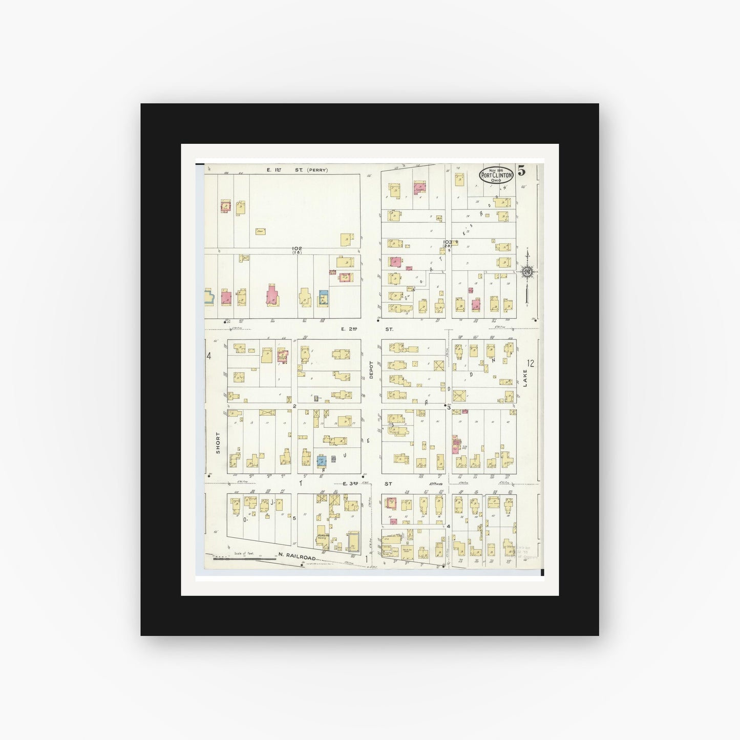 Old map wall art mockup — black gallery frame with white mat — Sanborn Fire Insurance Map from Port Clinton, Ottawa County, Ohio (1916), Sheet #0005