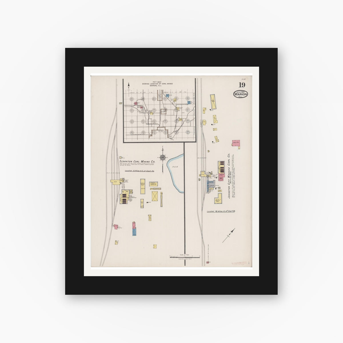 Old map wall art mockup — black gallery frame with white mat — Sanborn Fire Insurance Map from Marion, Williamson County, Illinois (1922), Sheet #0019