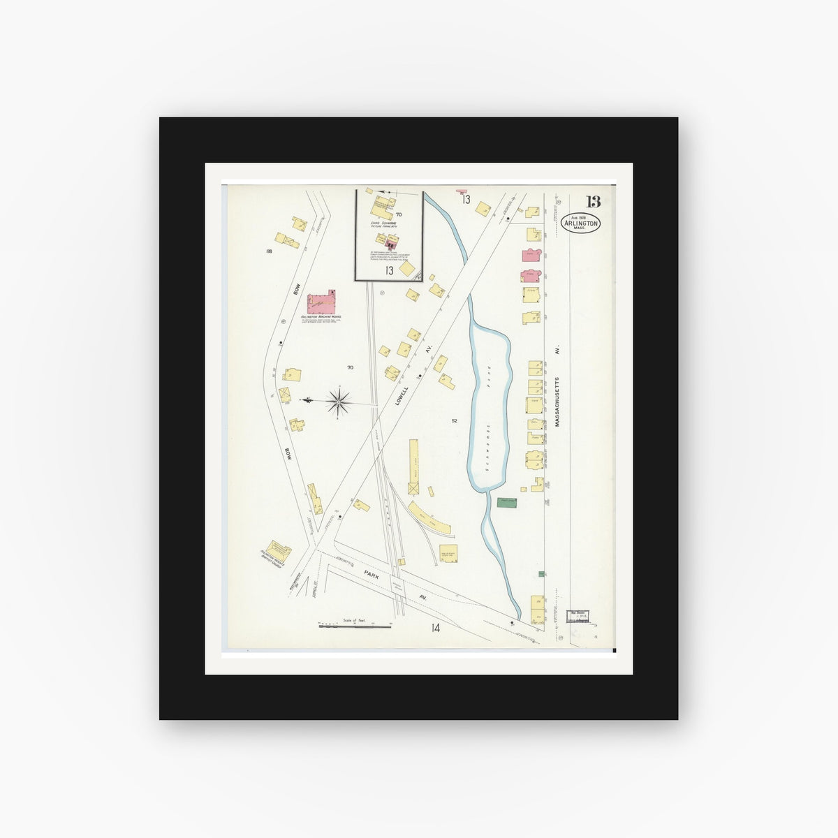 Old map wall art mockup — black gallery frame with white mat — Sanborn Fire Insurance Map from Arlington, Middlesex County, Massachusetts (1908), Sheet #0013