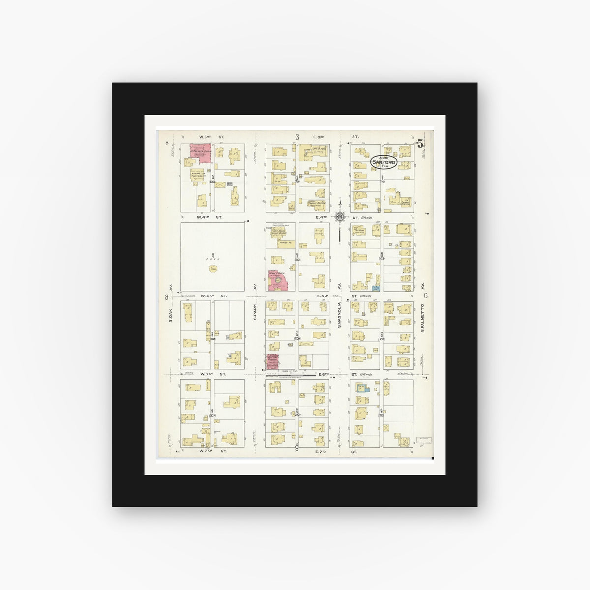 Old map wall art mockup — black gallery frame with white mat — Sanborn Fire Insurance Map from Sanford, Seminole County, Florida (1917), Sheet #0005