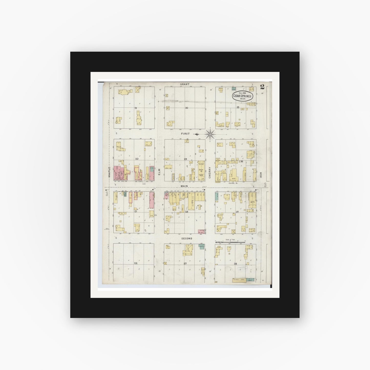 Old map wall art mockup — black gallery frame with white mat — Sanborn Fire Insurance Map from Cedar Springs, Kent County, Michigan (1894), Sheet #0002