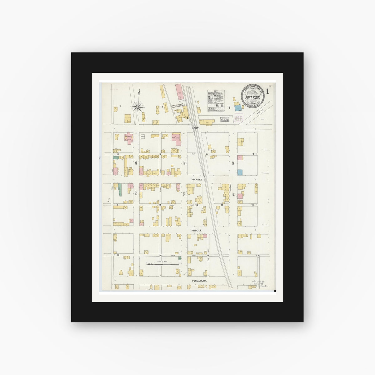Old map wall art mockup — black gallery frame with white mat — Sanborn Fire Insurance Map from Port Royal, Juniata County, Pennsylvania (1904) - Complete Map Set