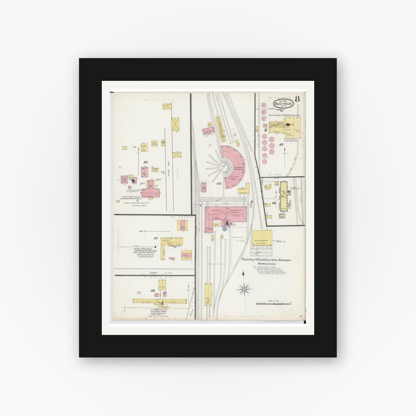 Old map wall art mockup — black gallery frame with white mat — Sanborn Fire Insurance Map from Bucyrus, Crawford County, Ohio (1892), Sheet #0008
