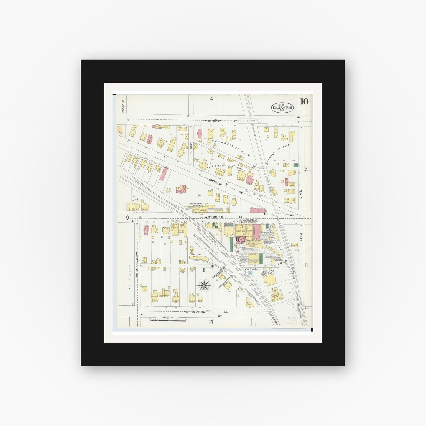 Old map wall art mockup — black gallery frame with white mat — Sanborn Fire Insurance Map from Bellefontaine, Logan County, Ohio (1901), Sheet #0010