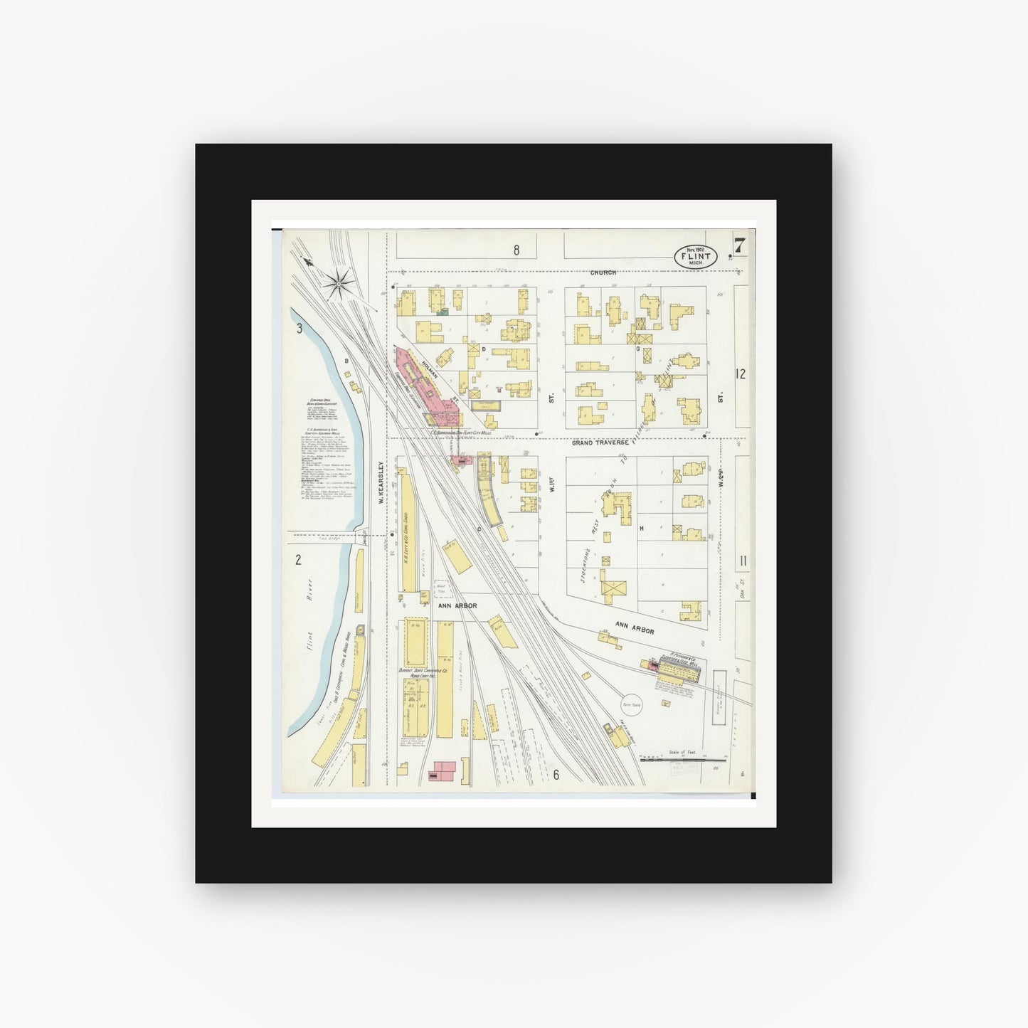 Old map wall art mockup — black gallery frame with white mat — Sanborn Fire Insurance Map from Flint, Genesee County, Michigan (1902), Sheet #0007