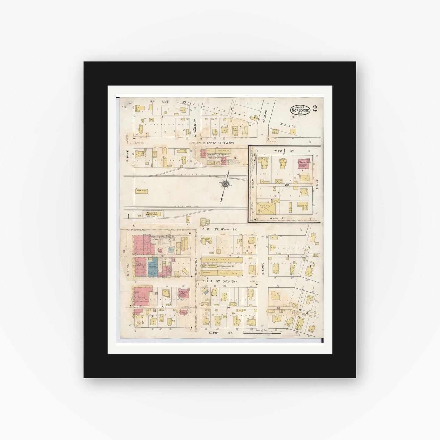 Old map wall art mockup — black gallery frame with white mat — Sanborn Fire Insurance Map from Norborne, Carroll County, Missouri (1933), Sheet #0002