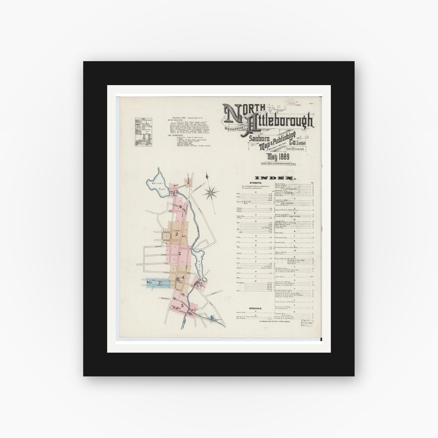 Old map wall art mockup — black gallery frame with white mat — Sanborn Fire Insurance Map from North Attleborough, Bristol County, Massachusetts (1889) - Complete Map Set