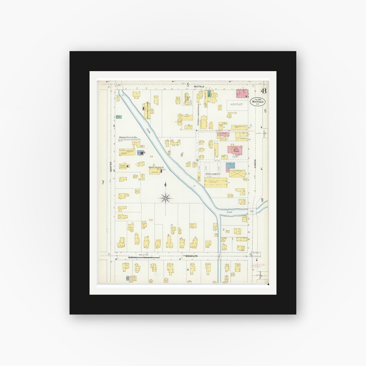 Old map wall art mockup — black gallery frame with white mat — Sanborn Fire Insurance Map from Warsaw, Wyoming County, New York (1903), Sheet #0008