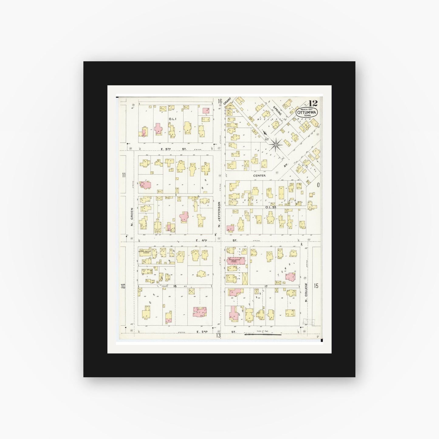 Old map wall art mockup β black gallery frame with white mat β Sanborn Fire Insurance Map from Ottumwa, Wapello County, Iowa (1897), Sheet #0012