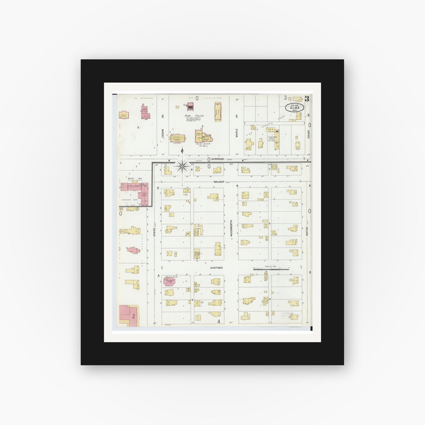 Old map wall art mockup — black gallery frame with white mat — Sanborn Fire Insurance Map from Alma, Gratiot County, Michigan (1902), Sheet #0003
