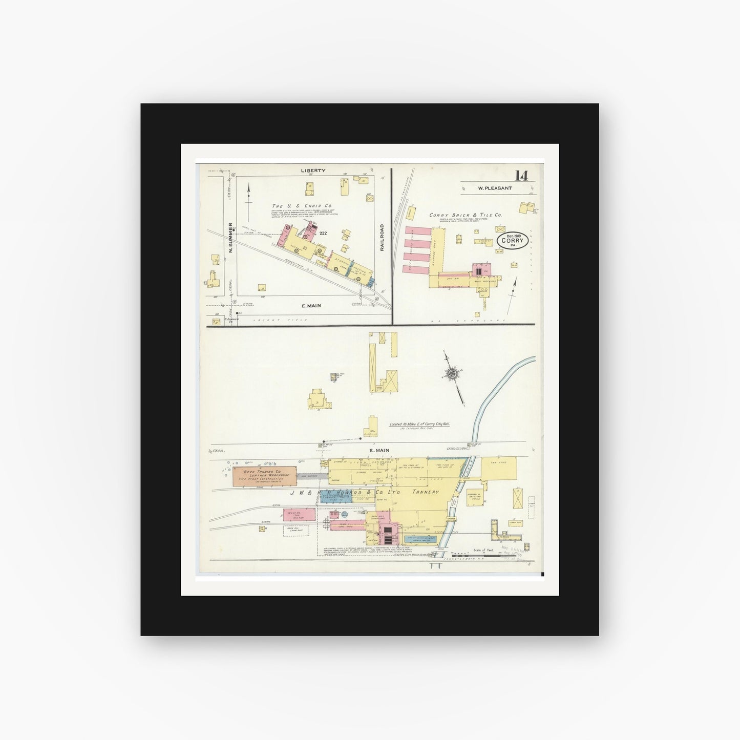 Old map wall art mockup — black gallery frame with white mat — Sanborn Fire Insurance Map from Corry, Erie County, Pennsylvania (1909), Sheet #0014