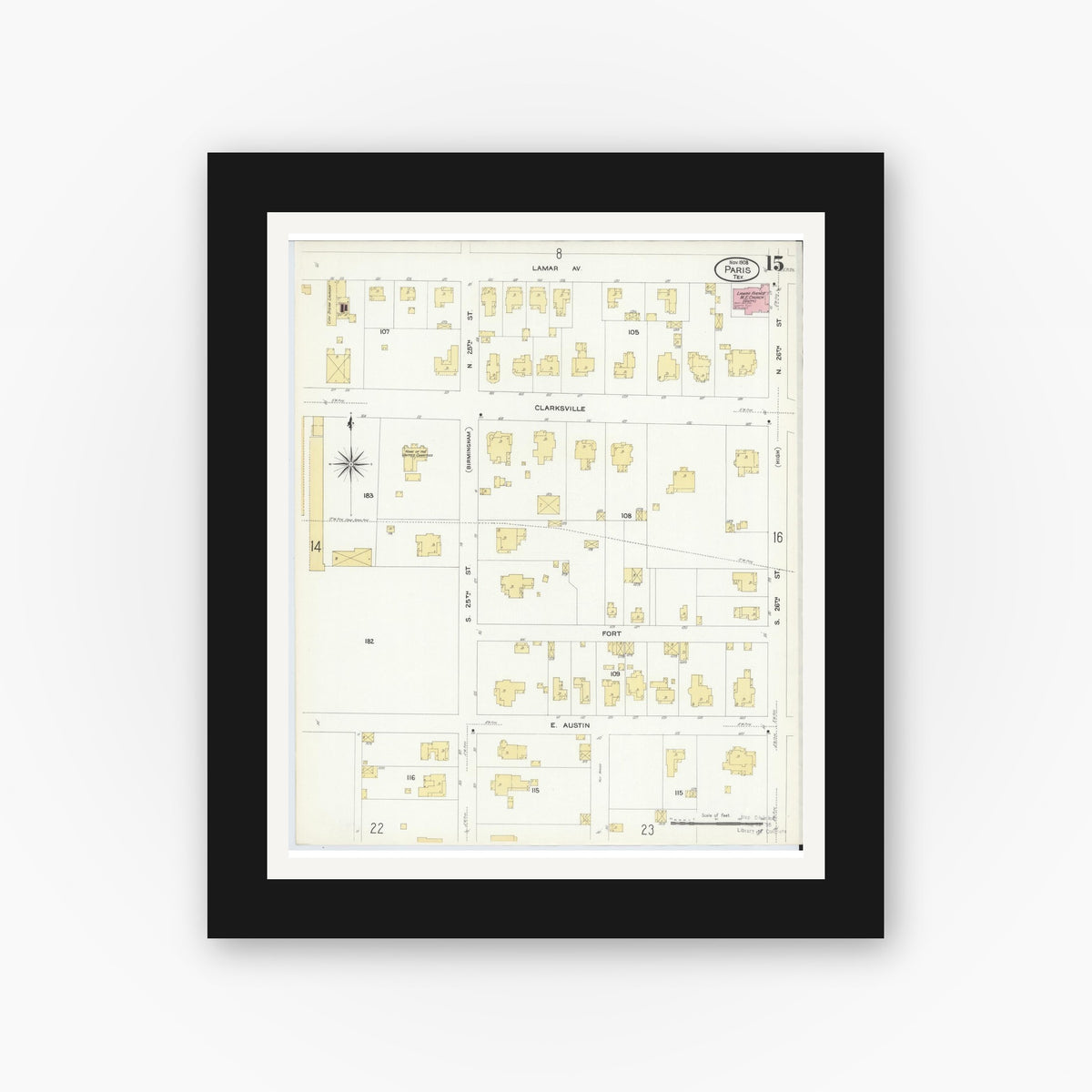 Old map wall art mockup — black gallery frame with white mat — Sanborn Fire Insurance Map from Paris, Lamar County, Texas (1908), Sheet #0015