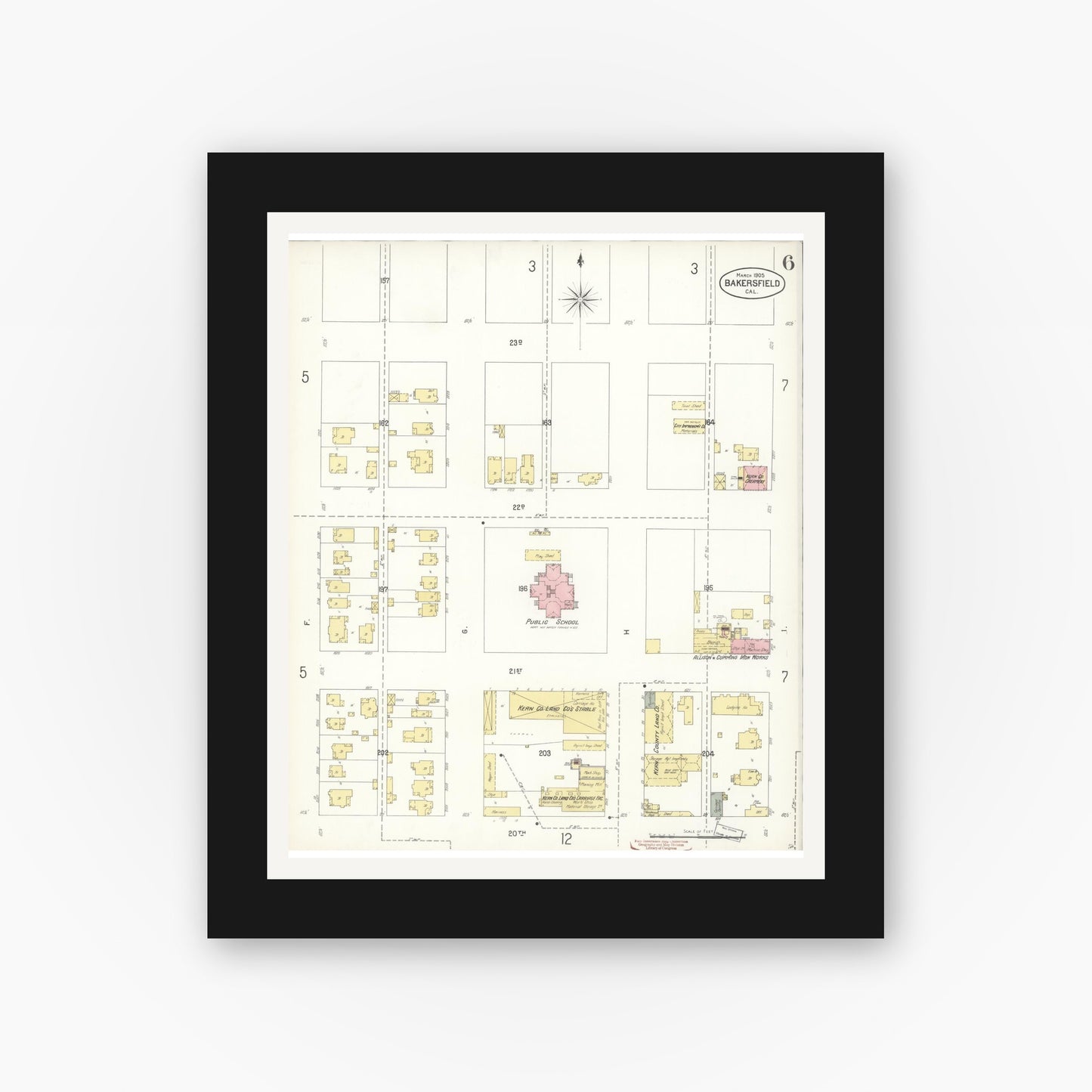 Old map wall art mockup — black gallery frame with white mat — Sanborn Fire Insurance Map from Bakersfield, Kern County, California (1905), Sheet #0006