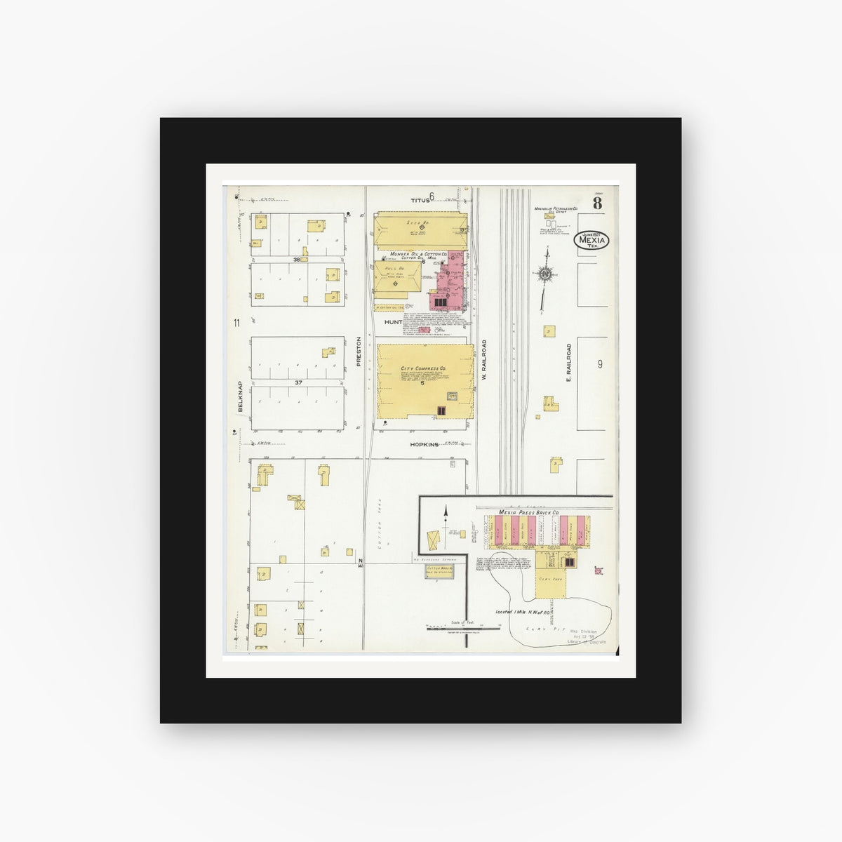 Old map wall art mockup — black gallery frame with white mat — Sanborn Fire Insurance Map from Mexia, Limestone County, Texas (1921), Sheet #0008
