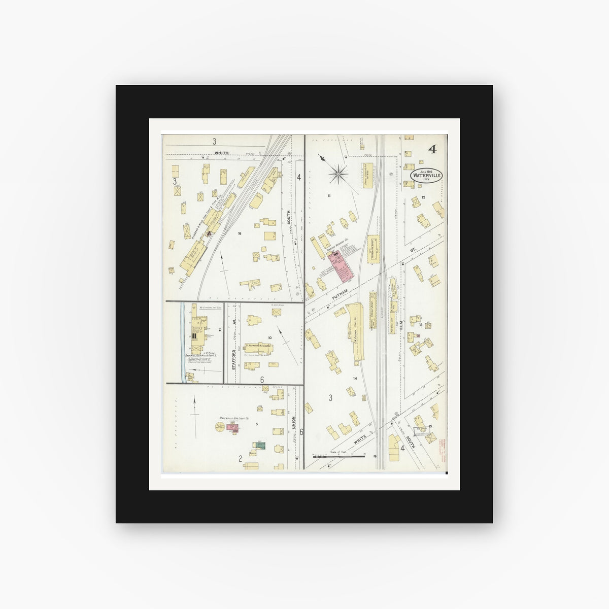 Old map wall art mockup — black gallery frame with white mat — Sanborn Fire Insurance Map from Waterville, Oneida County, New York (1906), Sheet #0004