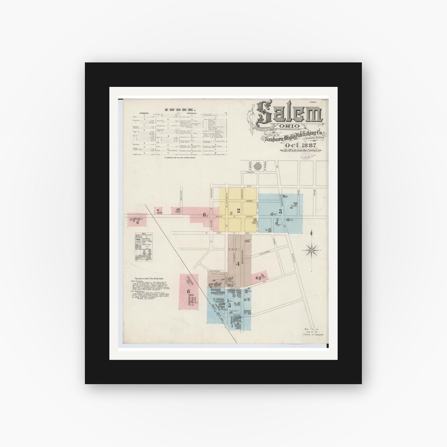 Old map wall art mockup — black gallery frame with white mat — Sanborn Fire Insurance Map from Salem, Columbiana County, Ohio (1887), Sheet #0001
