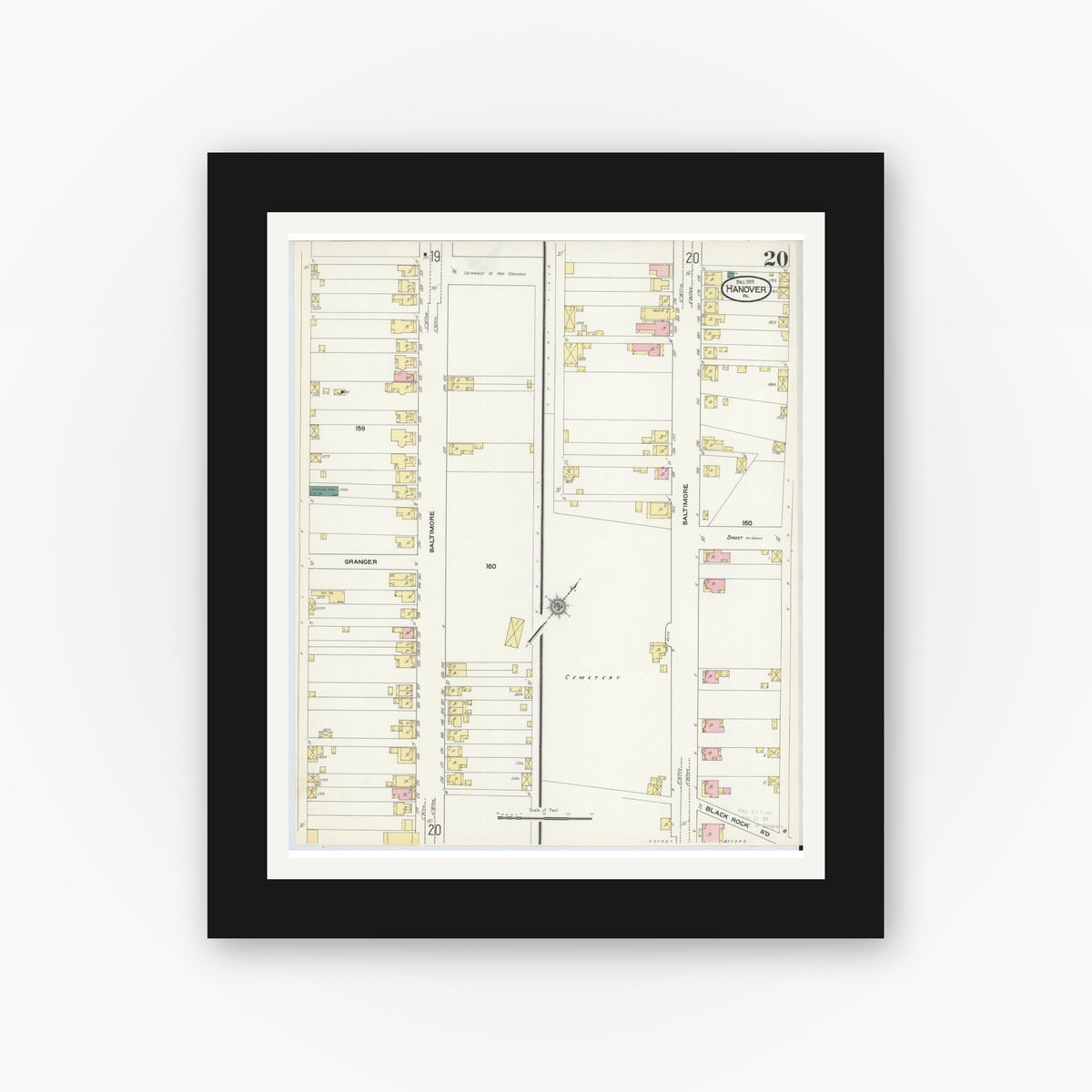 Old map wall art mockup — black gallery frame with white mat — Sanborn Fire Insurance Map from Hanover, York County, Pennsylvania (1909), Sheet #0020