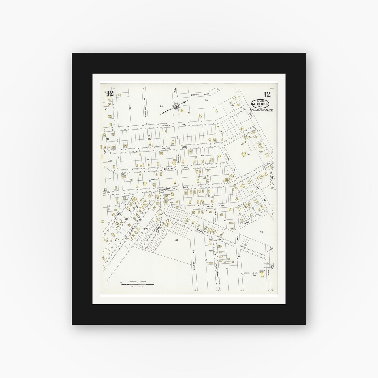 Old map wall art mockup — black gallery frame with white mat — Sanborn Fire Insurance Map from Clementon, Camden County, New Jersey (1924), Sheet #0012