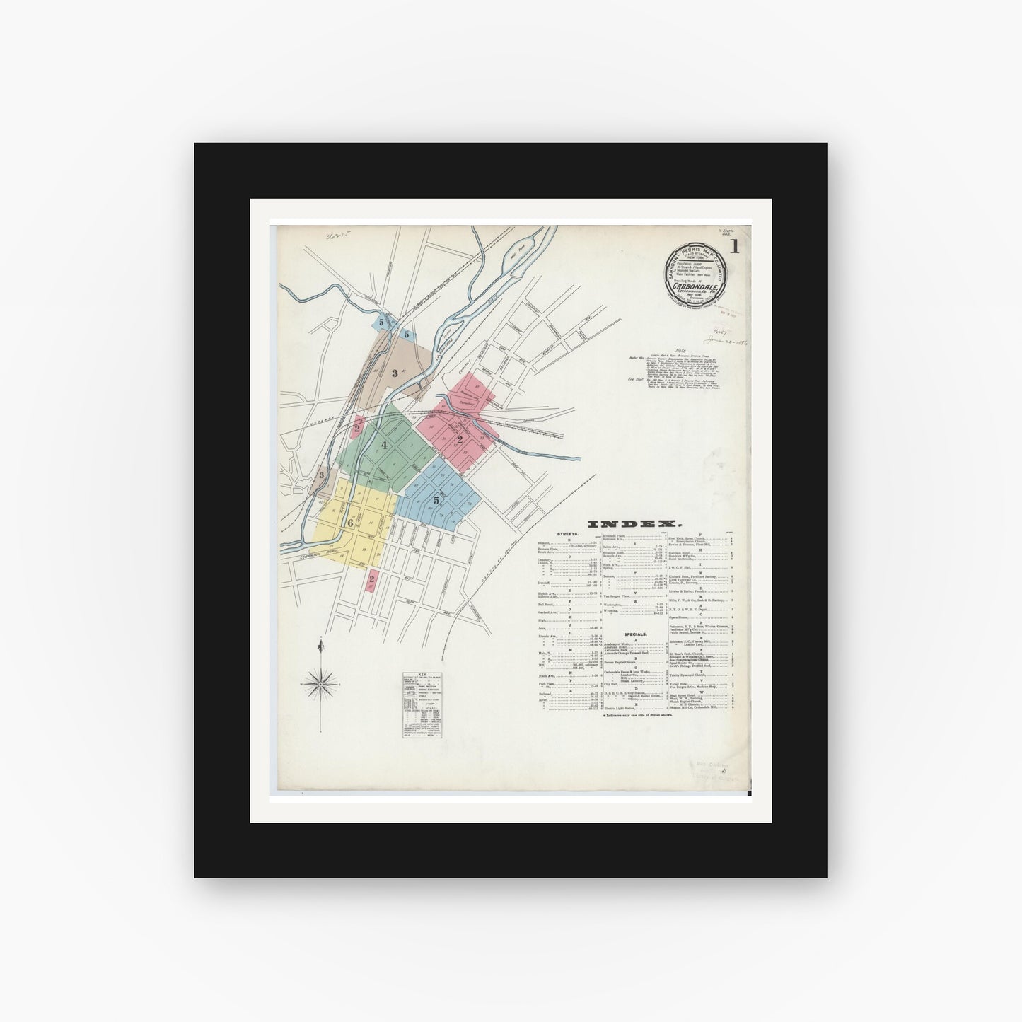 Old map wall art mockup — black gallery frame with white mat — Sanborn Fire Insurance Map from Carbondale, Lackawanna County, Pennsylvania (1896), Sheet #0001