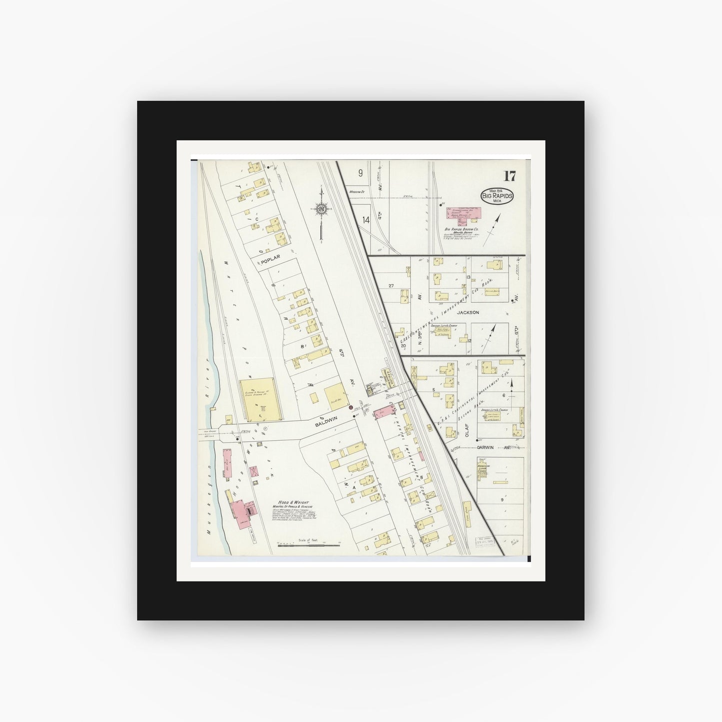 Old map wall art mockup — black gallery frame with white mat — Sanborn Fire Insurance Map from Big Rapids, Mecosta County, Michigan (1914), Sheet #0017