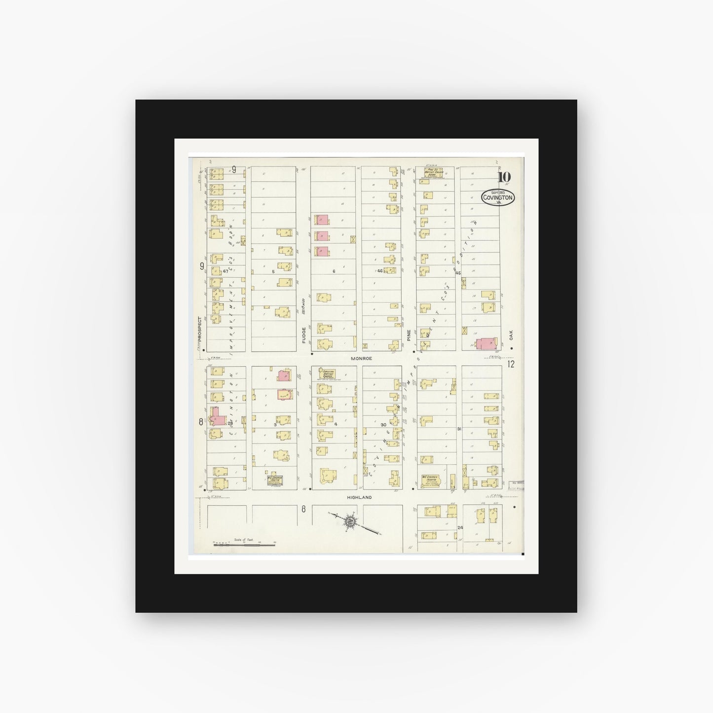 Old map wall art mockup — black gallery frame with white mat — Sanborn Fire Insurance Map from Covington, Independent Cities, Virginia (1913), Sheet #0010