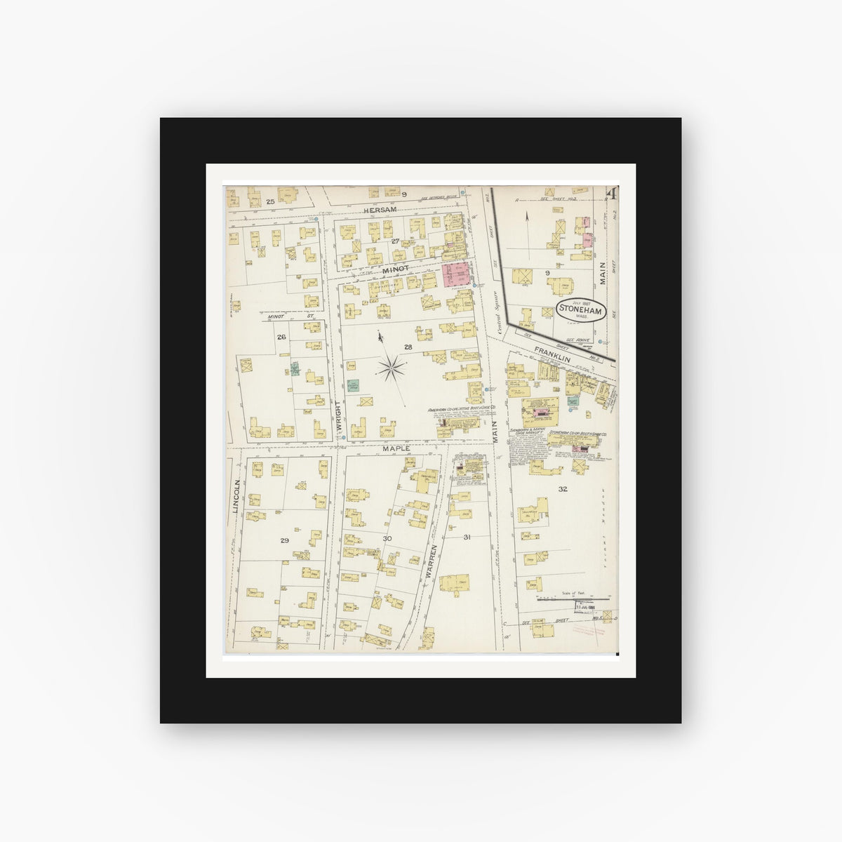 Old map wall art mockup — black gallery frame with white mat — Sanborn Fire Insurance Map from Stoneham, Middlesex County, Massachusetts (1887), Sheet #0004