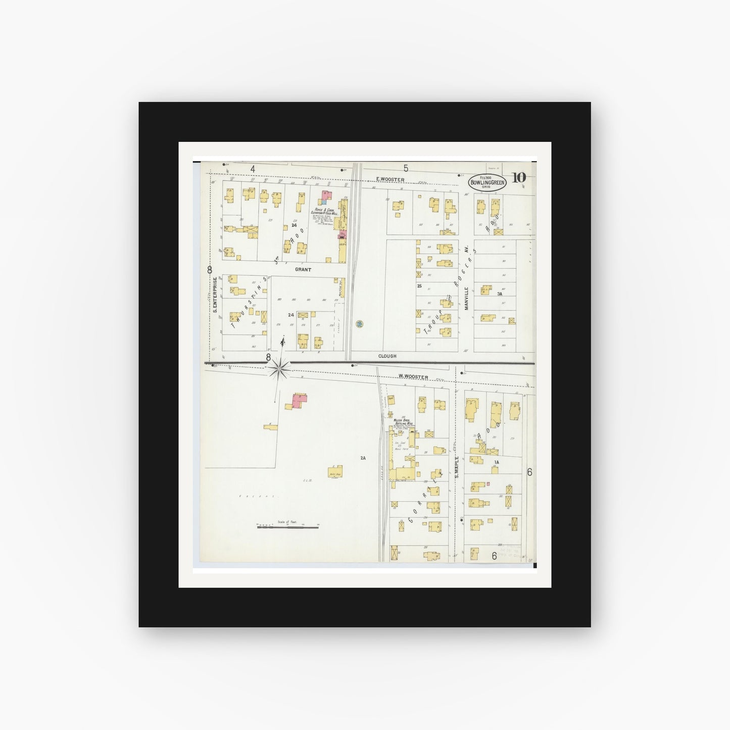 Old map wall art mockup — black gallery frame with white mat — Sanborn Fire Insurance Map from Bowling Green, Wood County, Ohio (1900), Sheet #0010