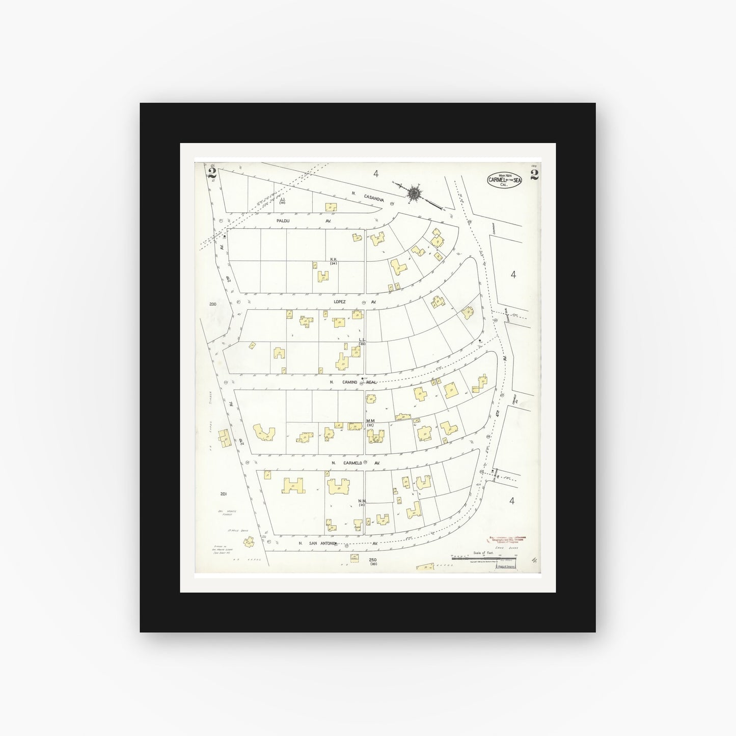 Old map wall art mockup — black gallery frame with white mat — Sanborn Fire Insurance Map from Carmel By The Sea, Monterey County, California (1924), Sheet #0002