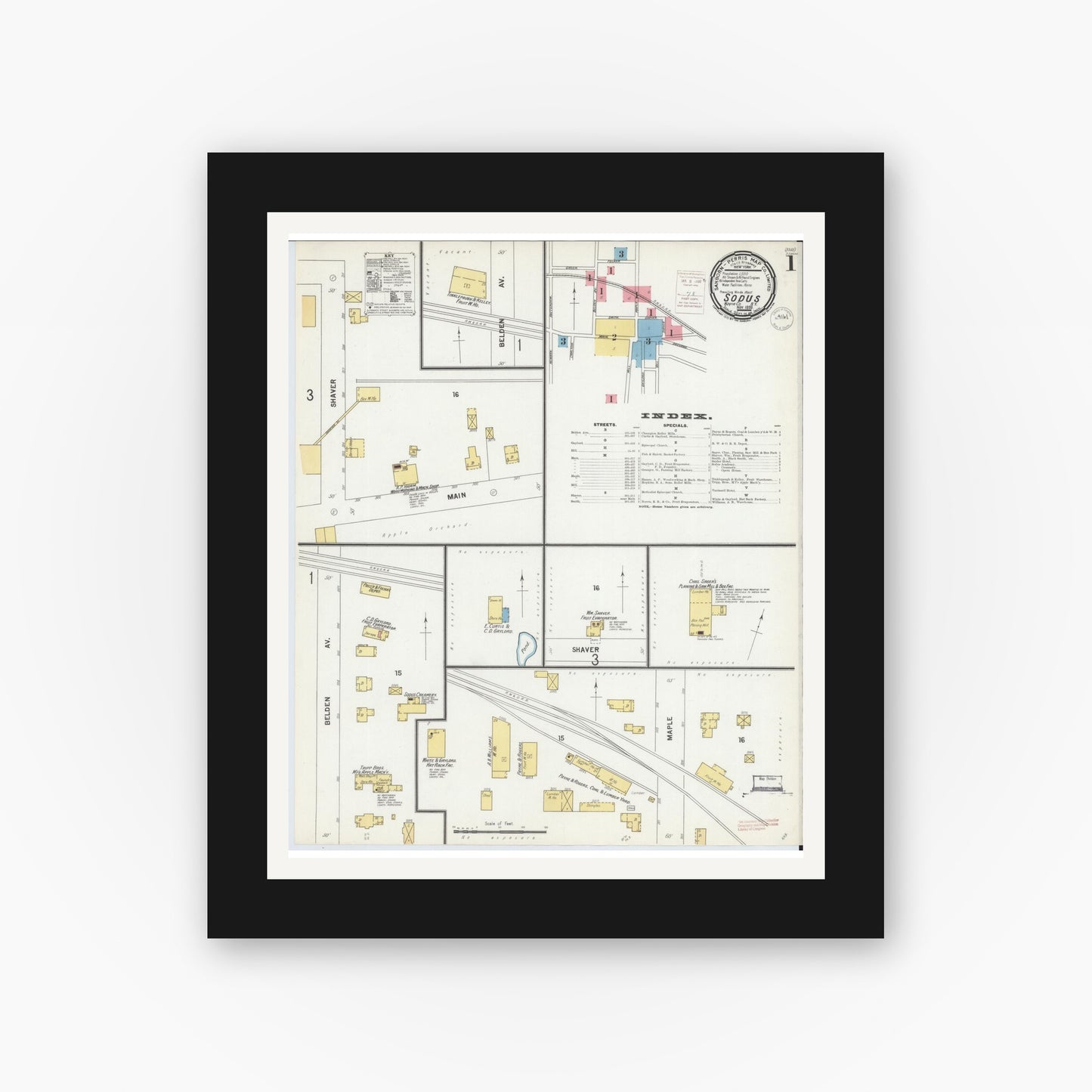Old map wall art mockup — black gallery frame with white mat — Sanborn Fire Insurance Map from Sodus, Wayne County, New York (1899), Sheet #0001