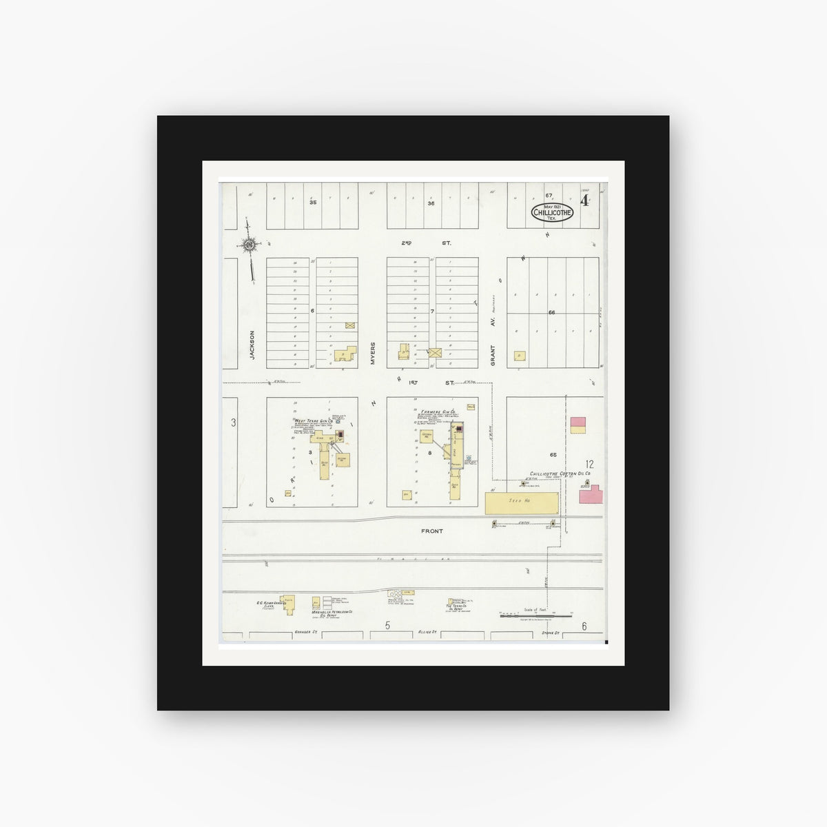 Old map wall art mockup — black gallery frame with white mat — Sanborn Fire Insurance Map from Chillicothe, Hardeman County, Texas (1921), Sheet #0004