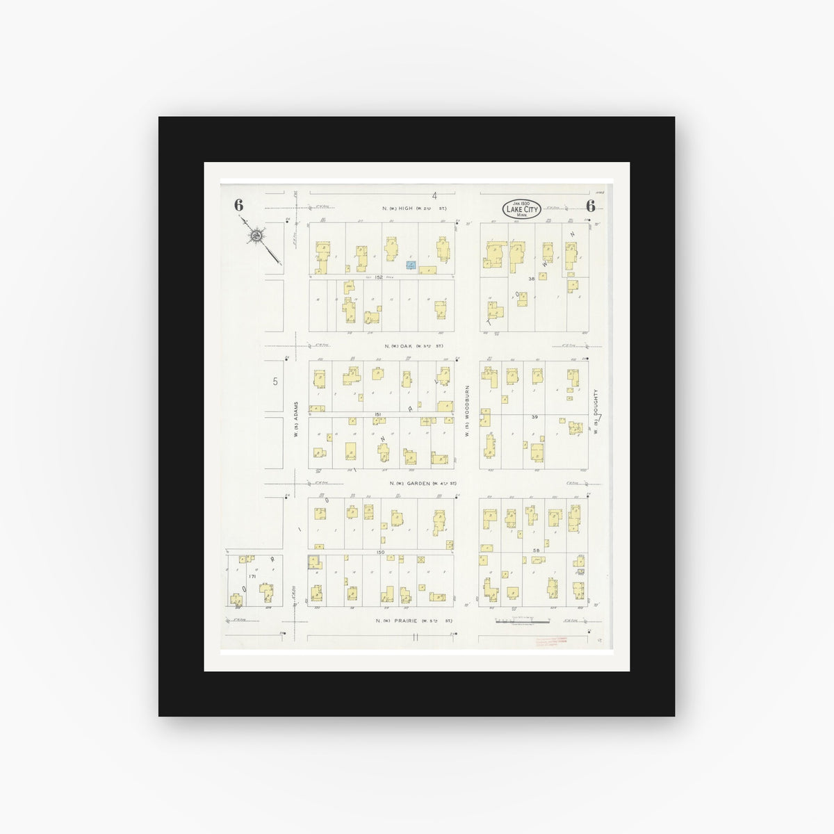 Old map wall art mockup — black gallery frame with white mat — Sanborn Fire Insurance Map from Lake City, Wabasha County, Minnesota (1930), Sheet #0006