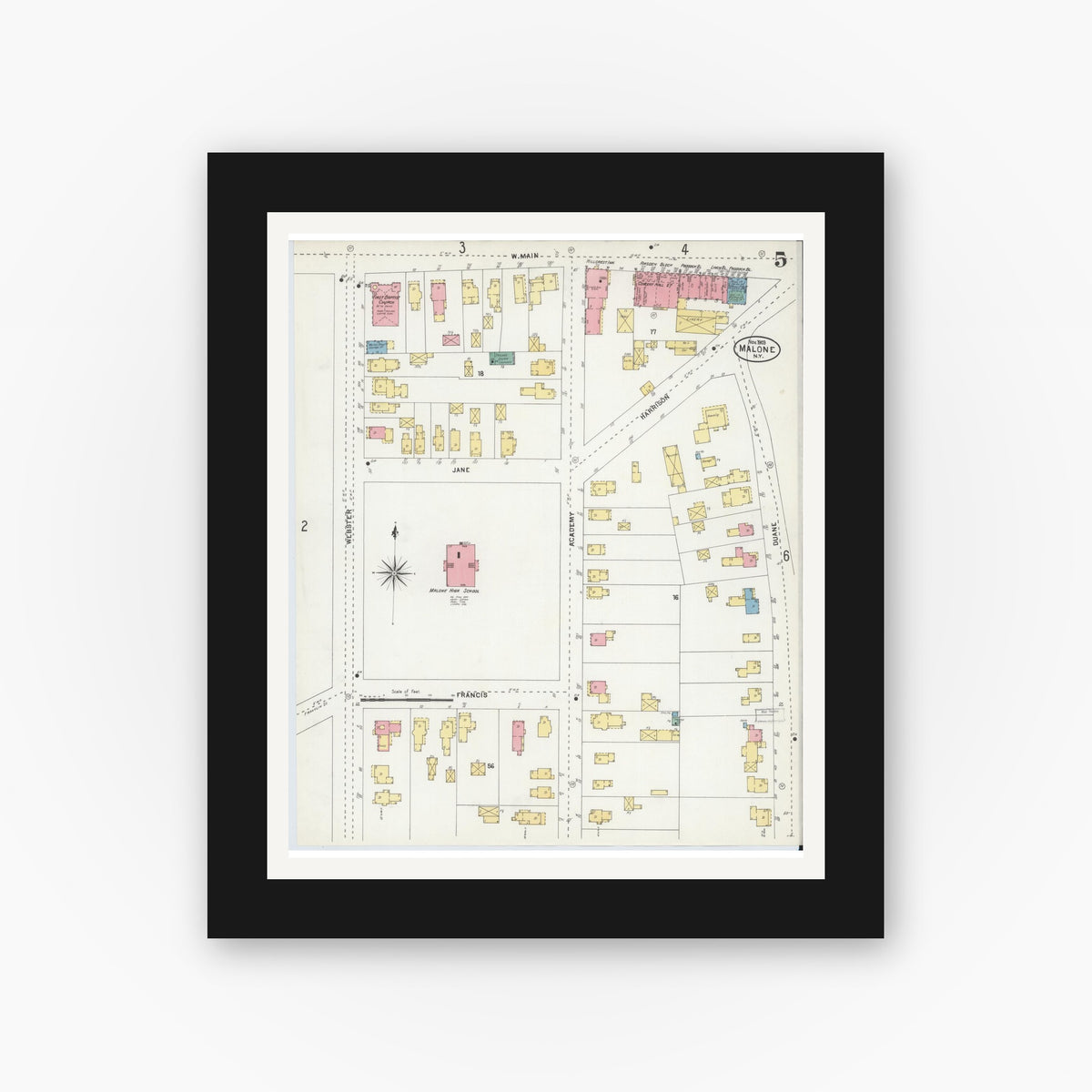 Old map wall art mockup — black gallery frame with white mat — Sanborn Fire Insurance Map from Malone, Franklin County, New York (1903), Sheet #0005