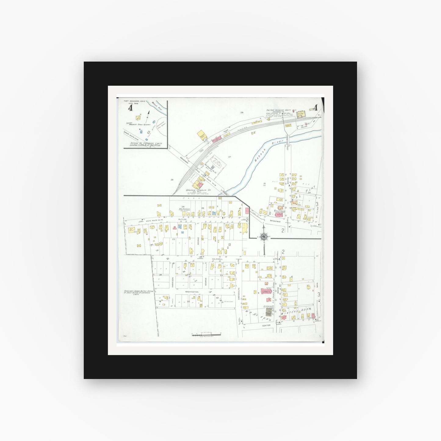 Old map wall art mockup — black gallery frame with white mat — Sanborn Fire Insurance Map from Fort Recovery, Mercer County, Ohio (1946), Sheet #0004