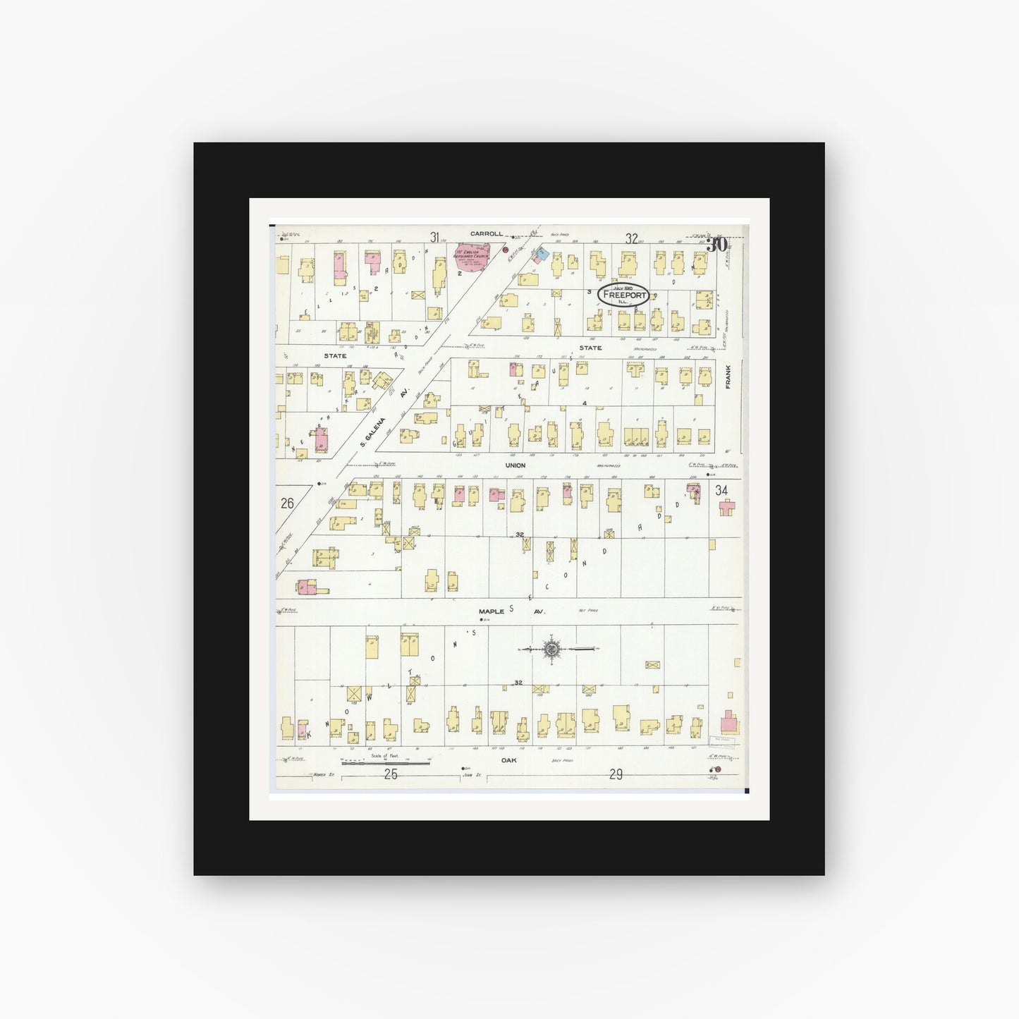 Old map wall art mockup — black gallery frame with white mat — Sanborn Fire Insurance Map from Freeport, Stephenson County, Illinois (1910), Sheet #0030