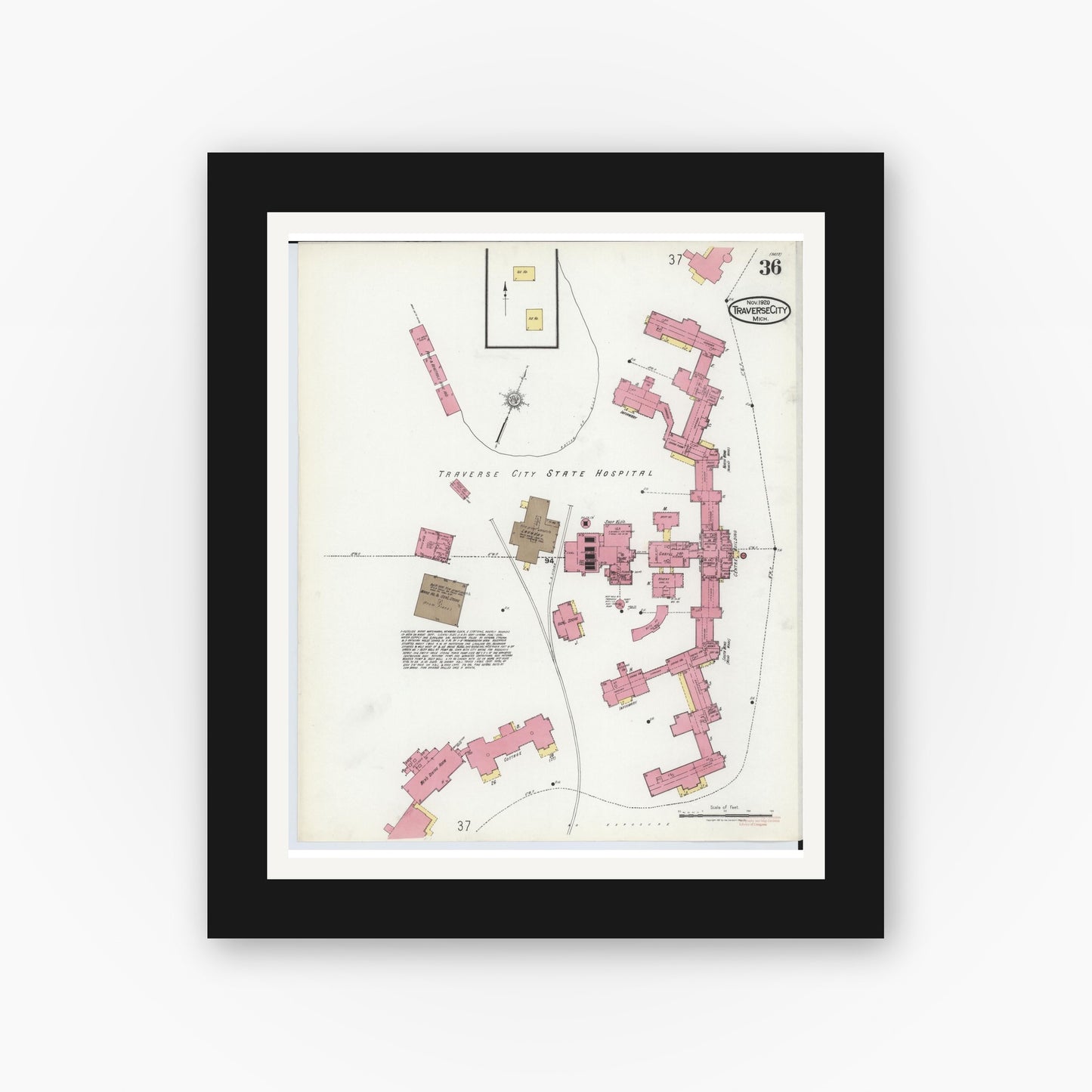 Old map wall art mockup — black gallery frame with white mat — Sanborn Fire Insurance Map from Traverse City, Grand Traverse County, Michigan (1920), Sheet #0036