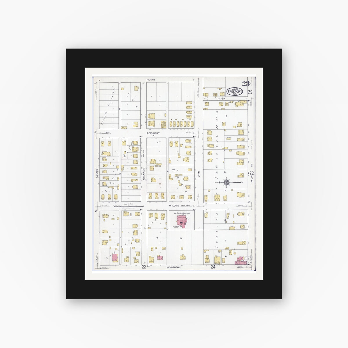 Old map wall art mockup — black gallery frame with white mat — Sanborn Fire Insurance Map from Freeport, Stephenson County, Illinois (1918), Sheet #0023