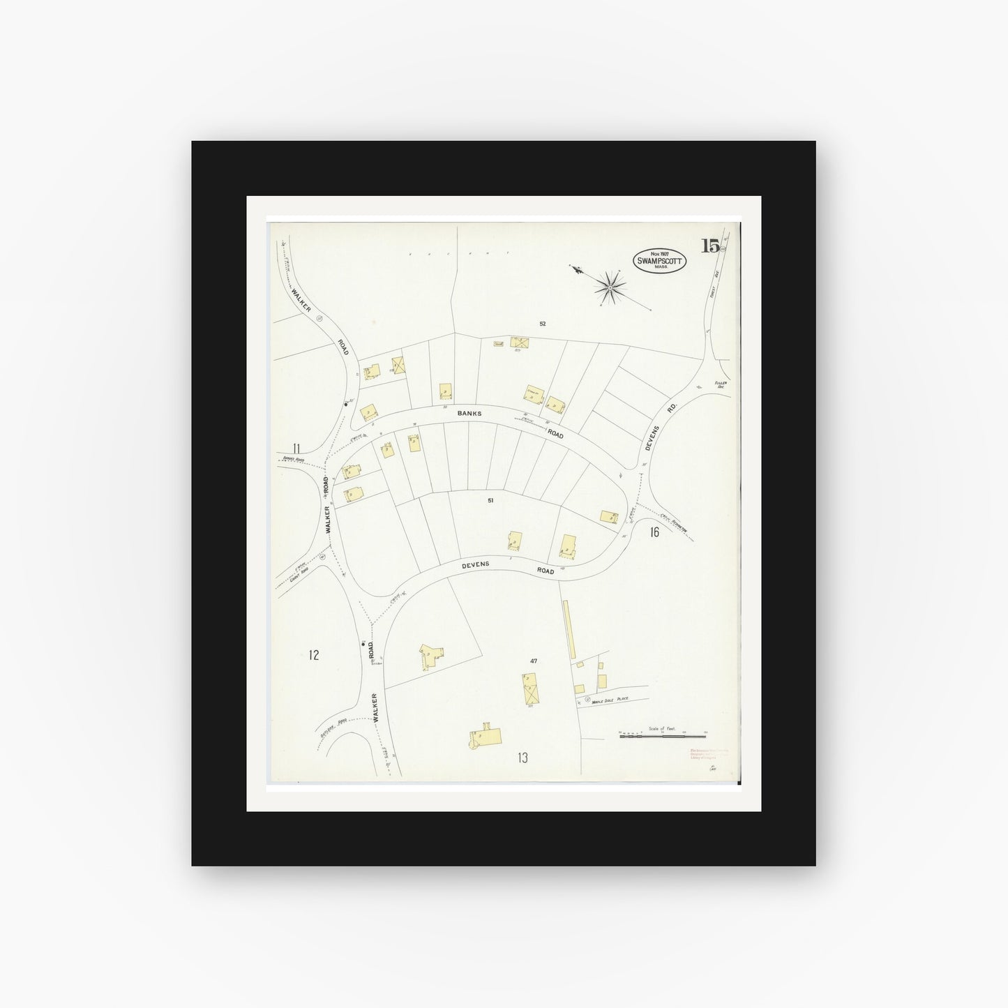Old map wall art mockup — black gallery frame with white mat — Sanborn Fire Insurance Map from Swampscott, Essex County, Massachusetts (1907), Sheet #0015