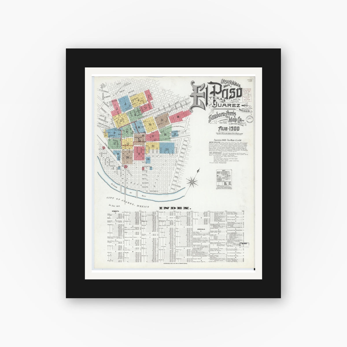 Old map wall art mockup — black gallery frame with white mat — Sanborn Fire Insurance Map from El Paso, El Paso County, Texas (1900) - Complete Map Set