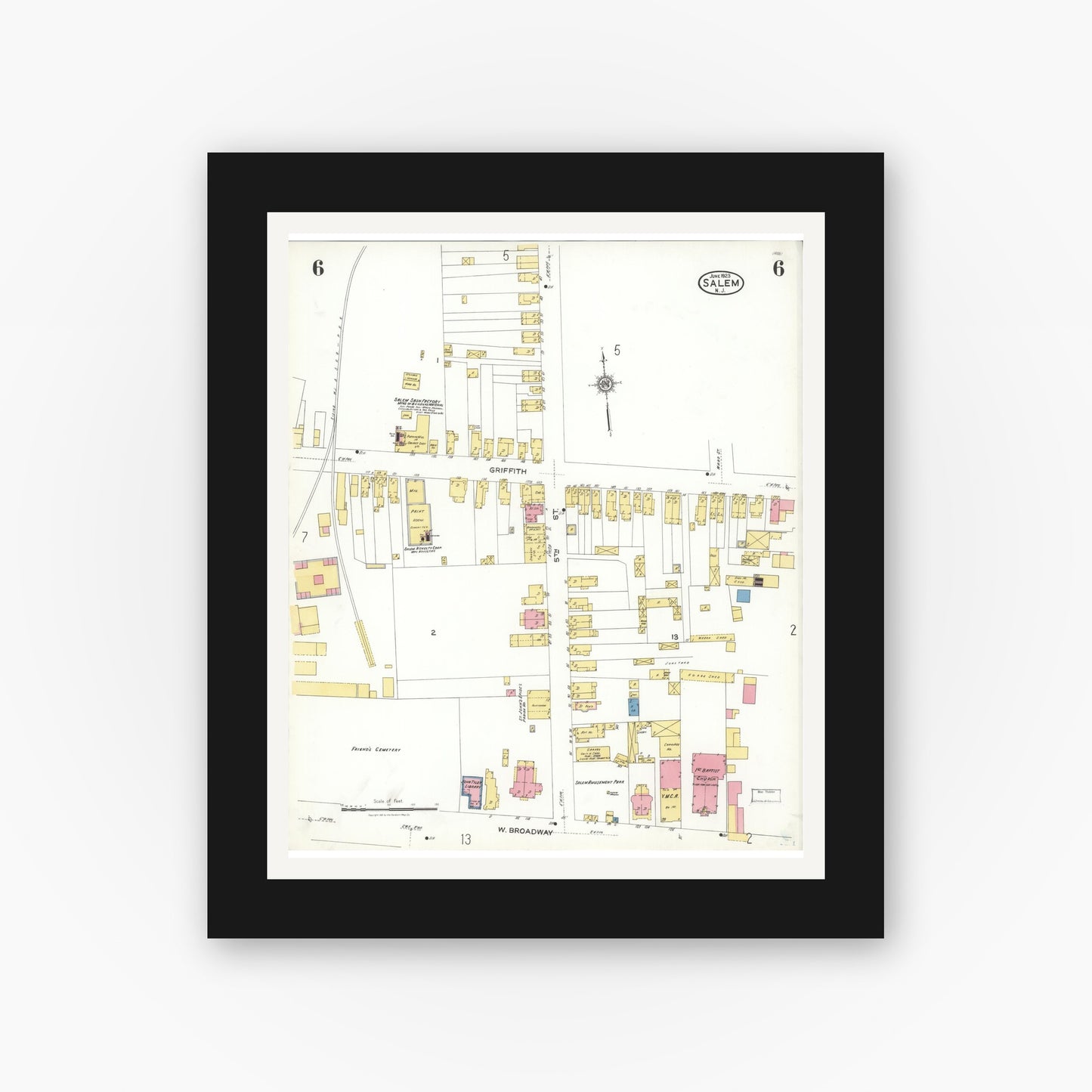 Old map wall art mockup — black gallery frame with white mat — Sanborn Fire Insurance Map from Salem, Salem County, New Jersey (1923), Sheet #0006