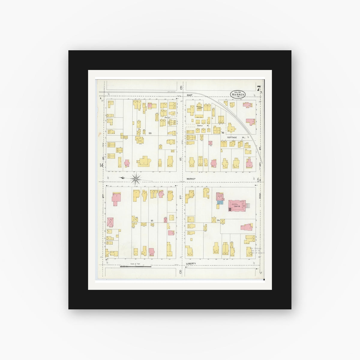 Old map wall art mockup — black gallery frame with white mat — Sanborn Fire Insurance Map from Warren, Warren County, Pennsylvania (1904), Sheet #0007