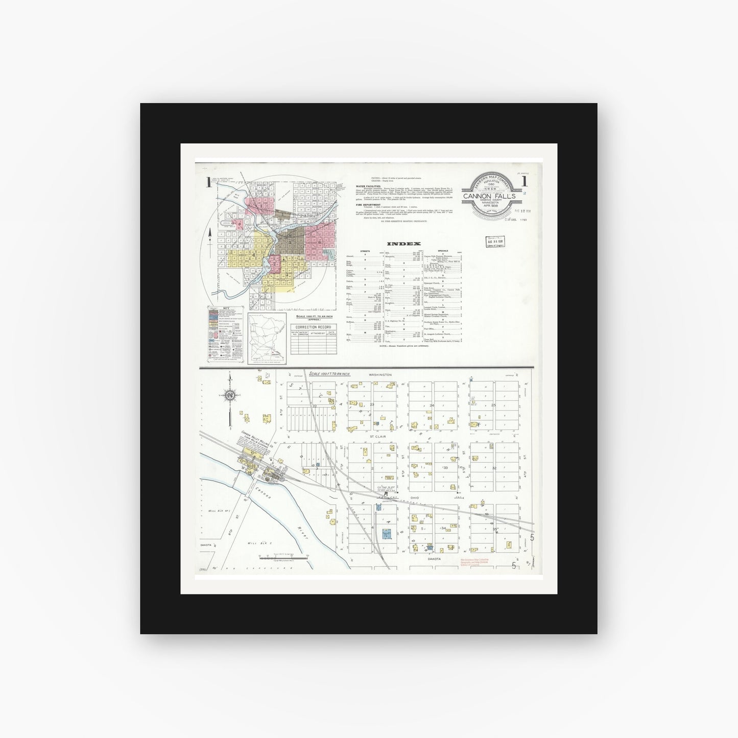 Old map wall art mockup — black gallery frame with white mat — Sanborn Fire Insurance Map from Cannon Falls, Goodhue County, Minnesota (1938) - Complete Map Set