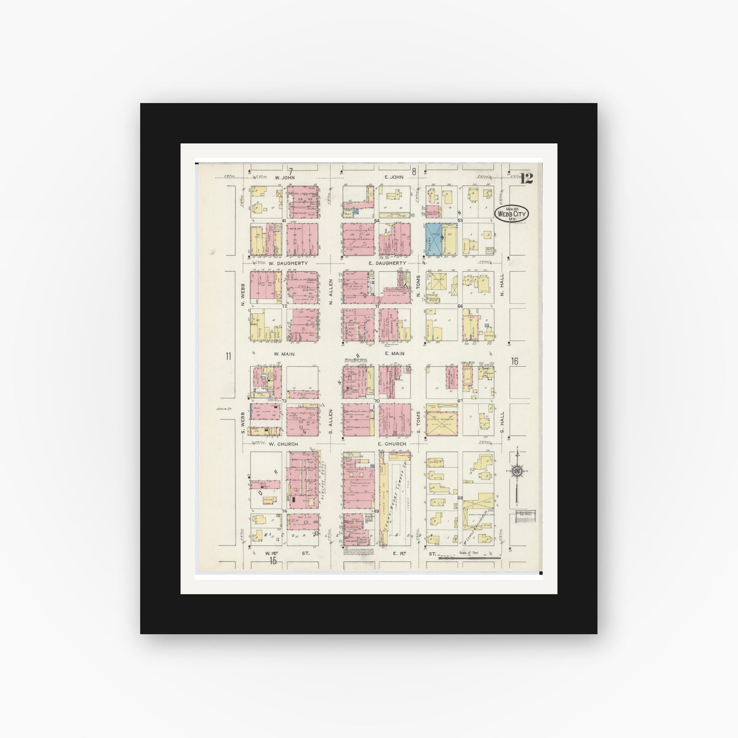 Old map wall art mockup — black gallery frame with white mat — Sanborn Fire Insurance Map from Webb City, Jasper County, Missouri (1915), Sheet #0012