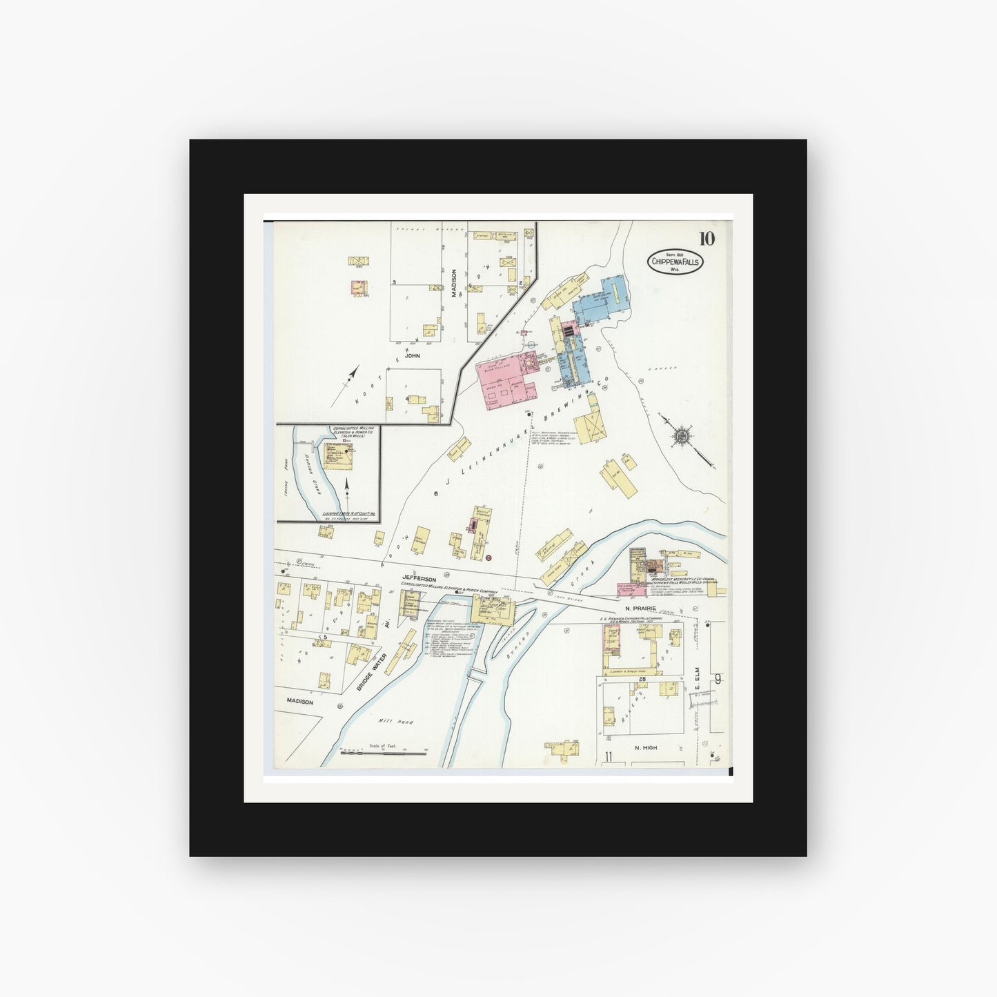 Old map wall art mockup — black gallery frame with white mat — Sanborn Fire Insurance Map from Chippewa Falls, Chippewa County, Wisconsin (1910), Sheet #0010