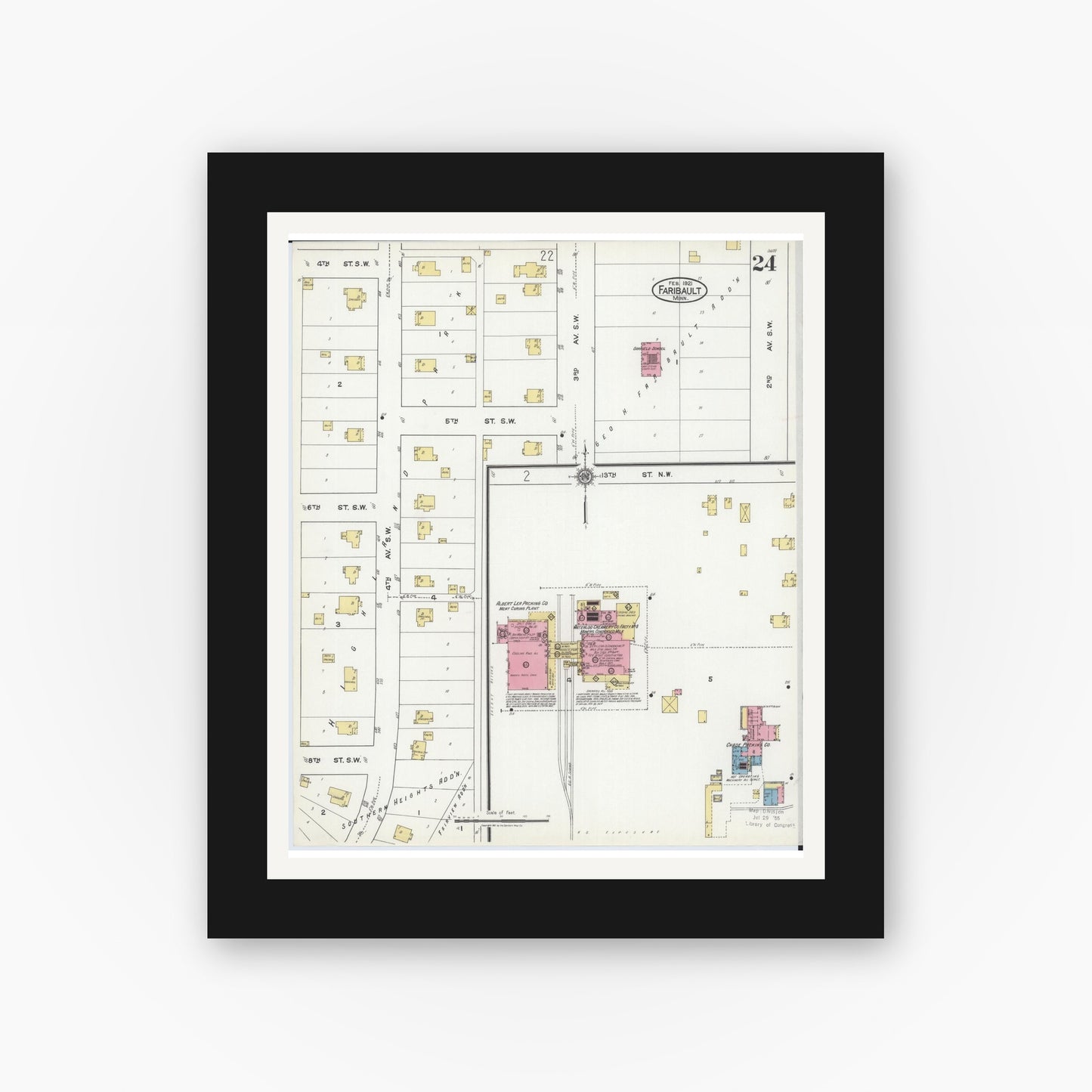 Old map wall art mockup — black gallery frame with white mat — Sanborn Fire Insurance Map from Faribault, Rice County, Minnesota (1921), Sheet #0024