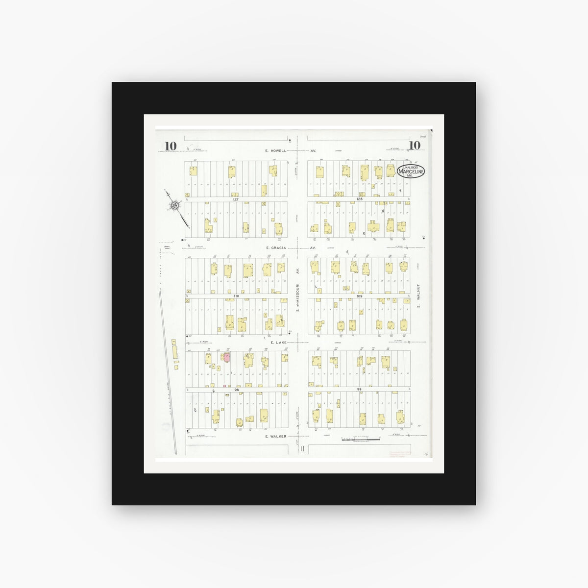 Old map wall art mockup — black gallery frame with white mat — Sanborn Fire Insurance Map from Marceline, Linn County, Missouri (1930), Sheet #0010