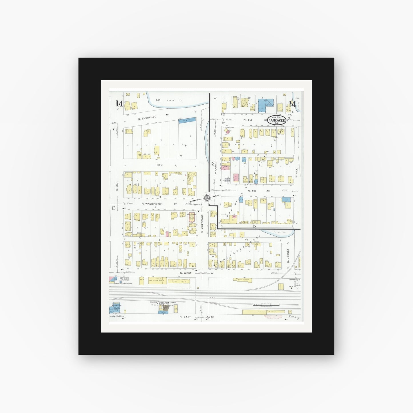 Old map wall art mockup — black gallery frame with white mat — Sanborn Fire Insurance Map from Kankakee, Kankakee County, Illinois (1930), Sheet #0014