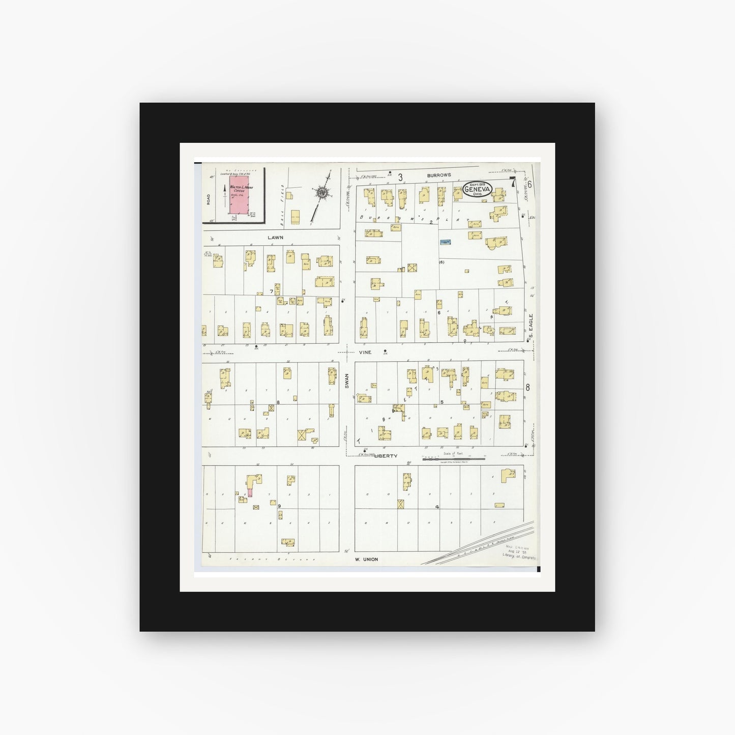 Old map wall art mockup — black gallery frame with white mat — Sanborn Fire Insurance Map from Geneva, Ashtabula County, Ohio (1919), Sheet #0007