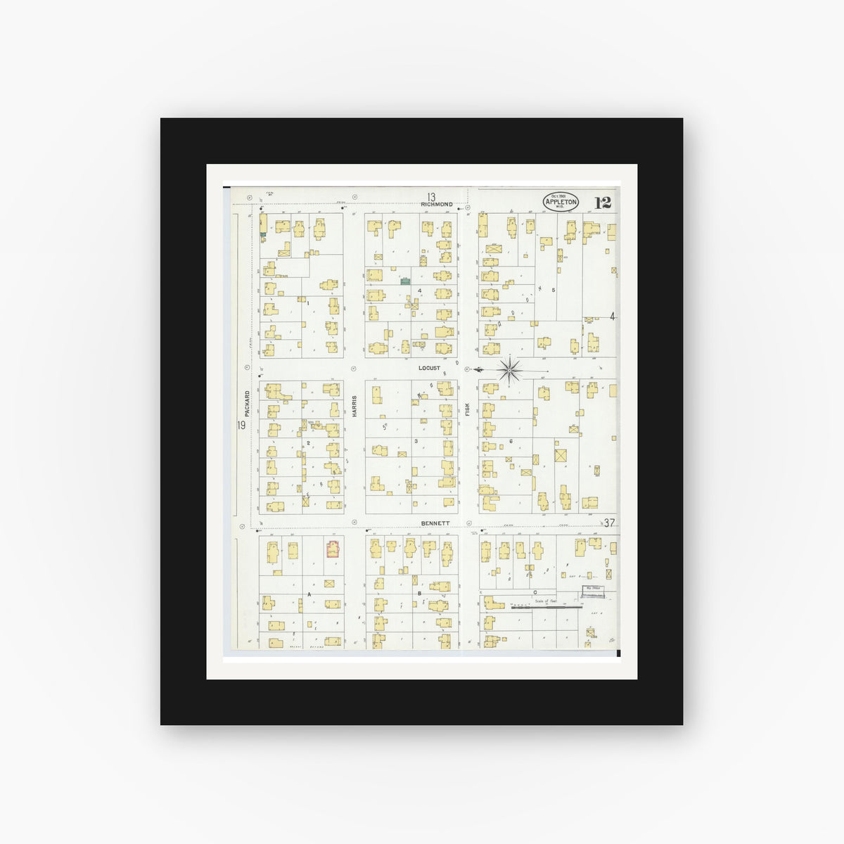 Old map wall art mockup — black gallery frame with white mat — Sanborn Fire Insurance Map from Appleton, Outagamie County, Wisconsin (1901), Sheet #0012